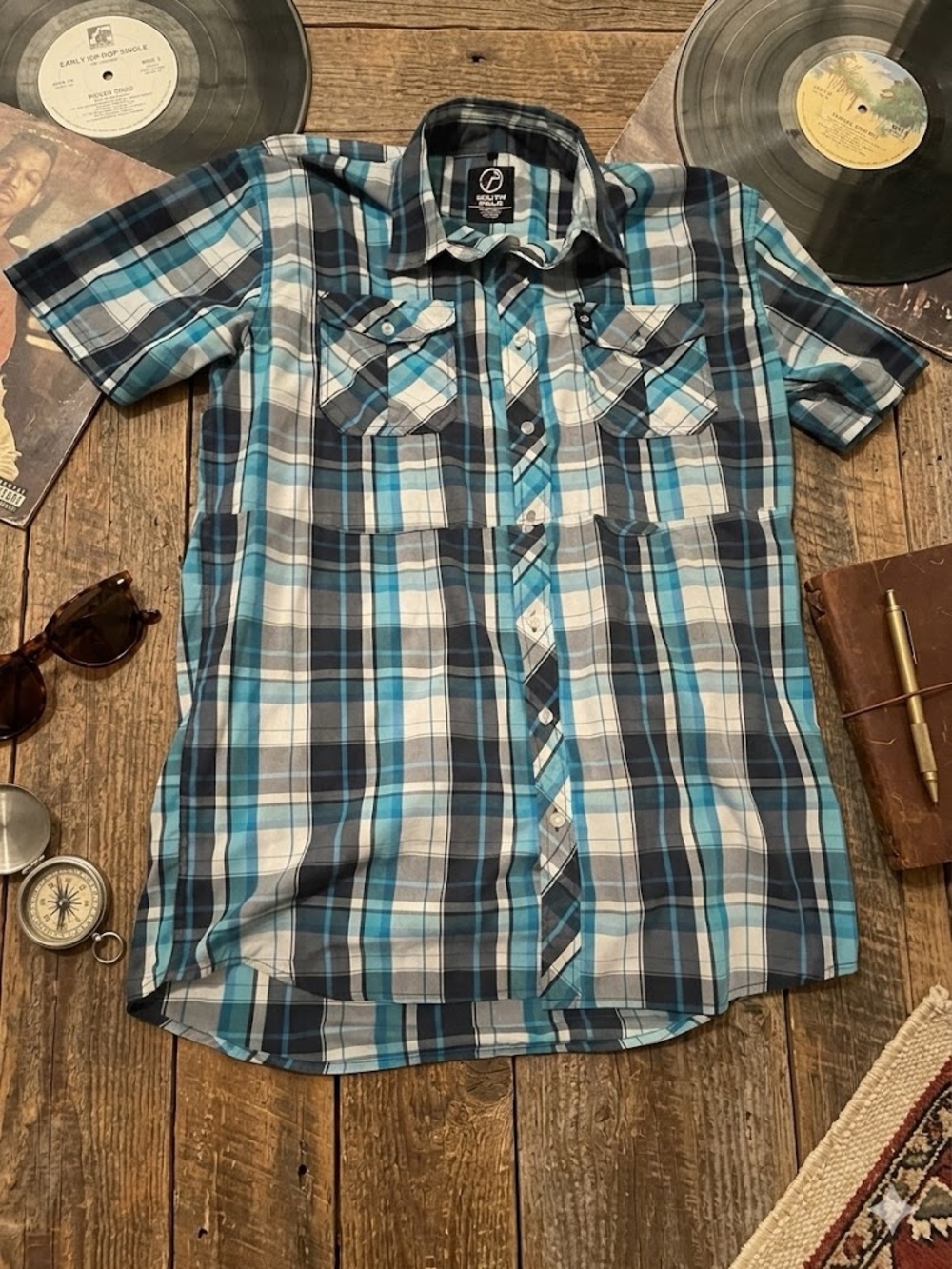 South Pole Blue, Teal & Black Plaid Short Sleeve Shirt